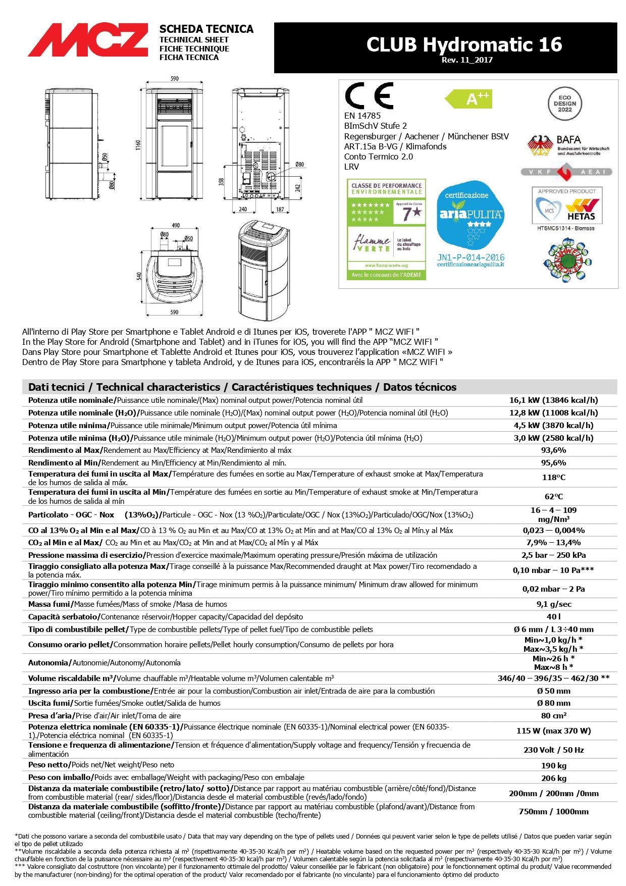 Termostufa a pellet MCZ Mod. CLUB HYDROMATIC 16 Kw