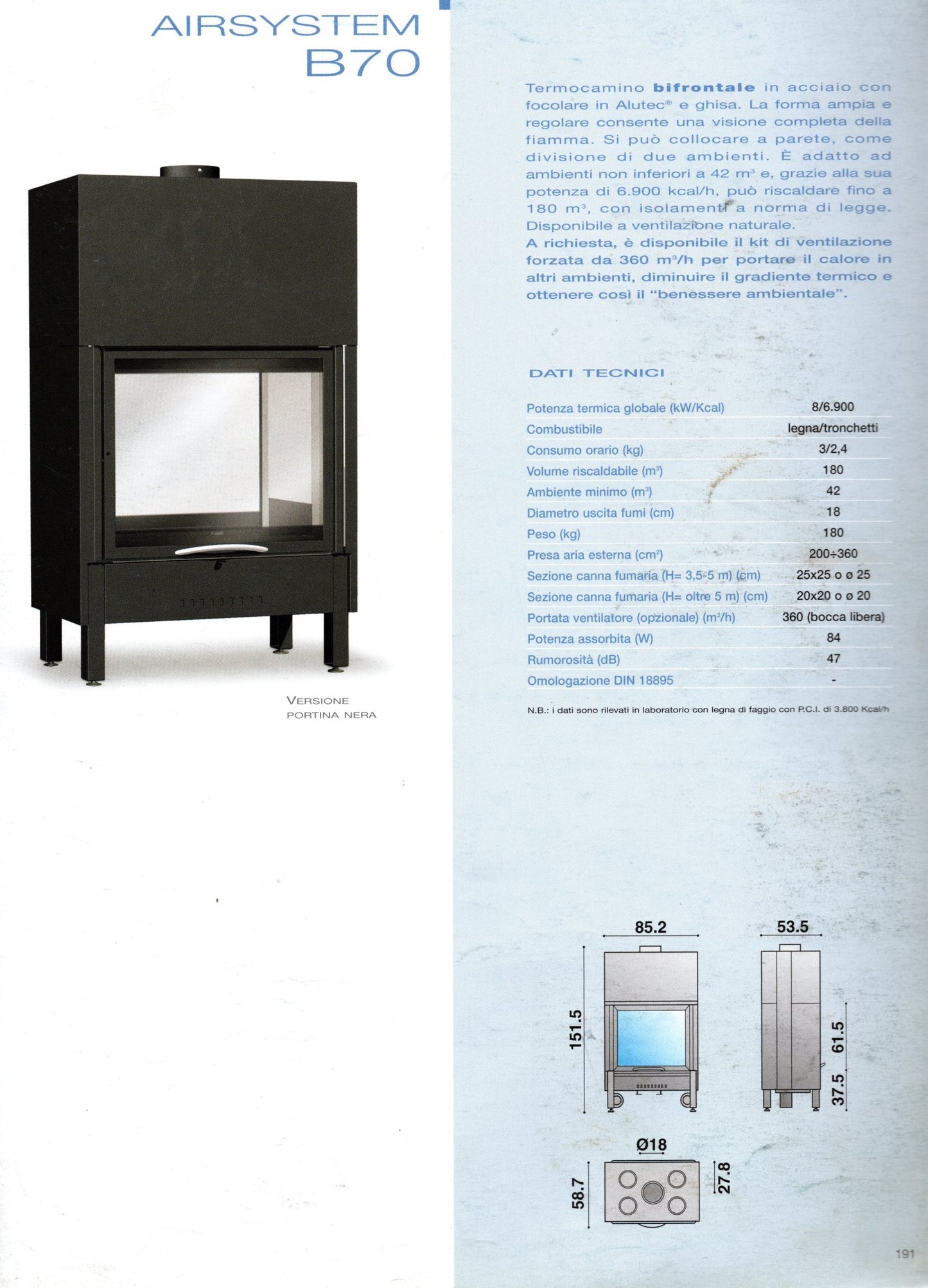 dati tecnici camino a legna airsystem b70 mcz