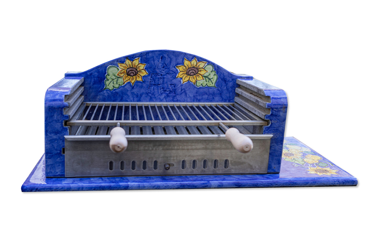 barbecue smaltato blu con girasoli da giardino