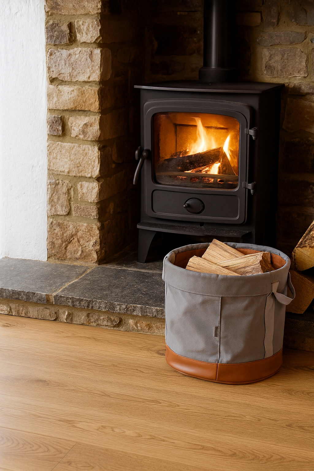 stufa con comodo porta legna in stoffa e simil pelle