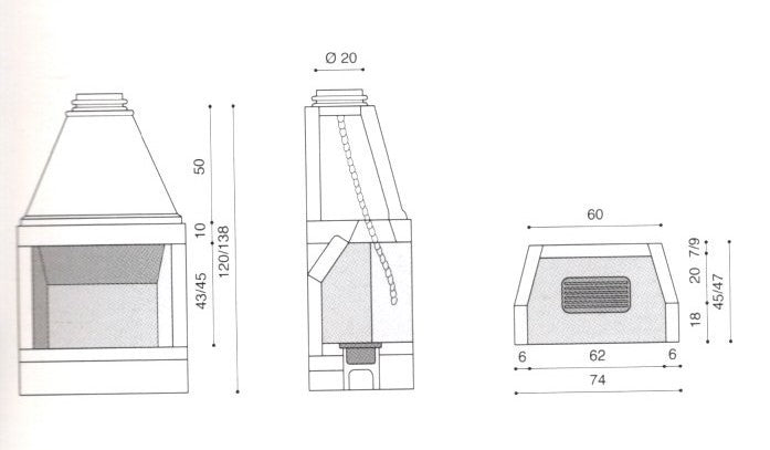 dimensioni camino bocca 60