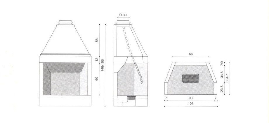 dimensioni camino a legna focolare con bocca da 90 cm