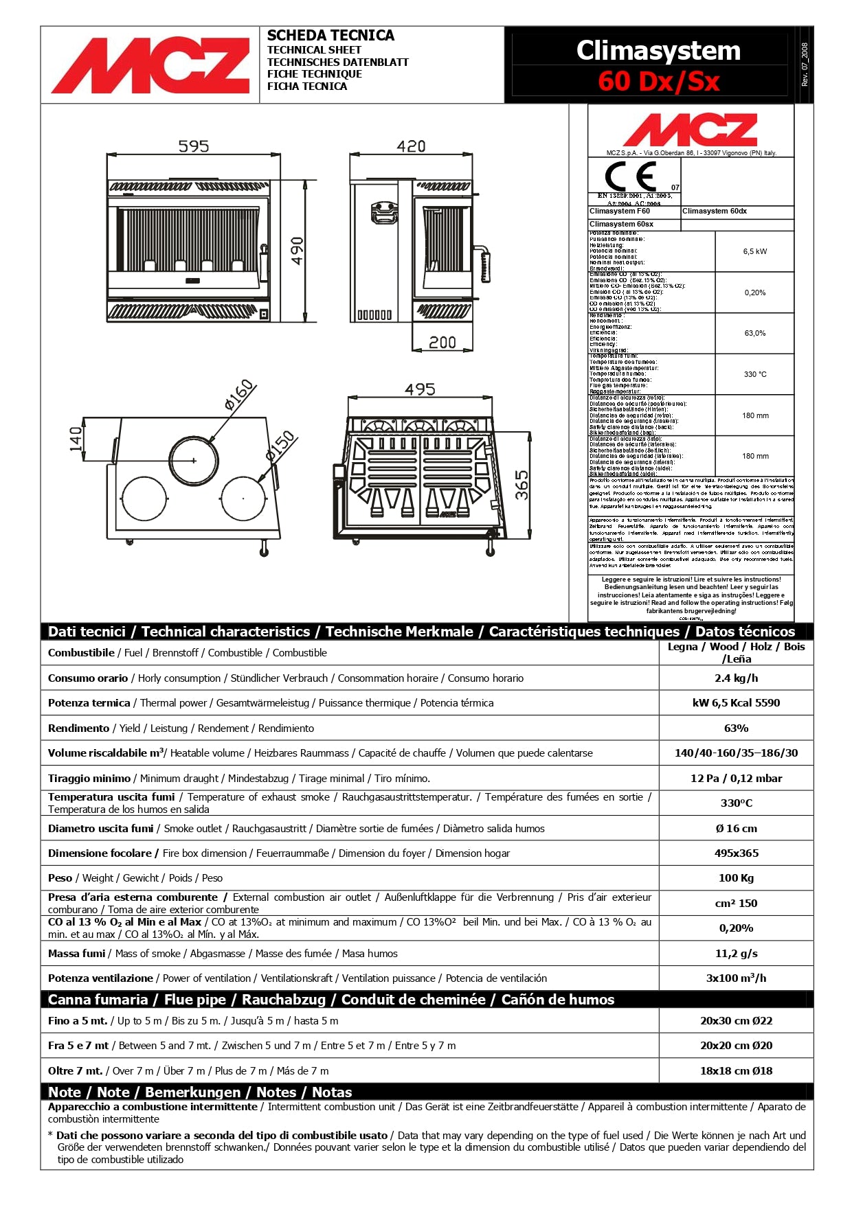 dati tecnici inserto climasystem e 60 dx/sx aliberti home mcz