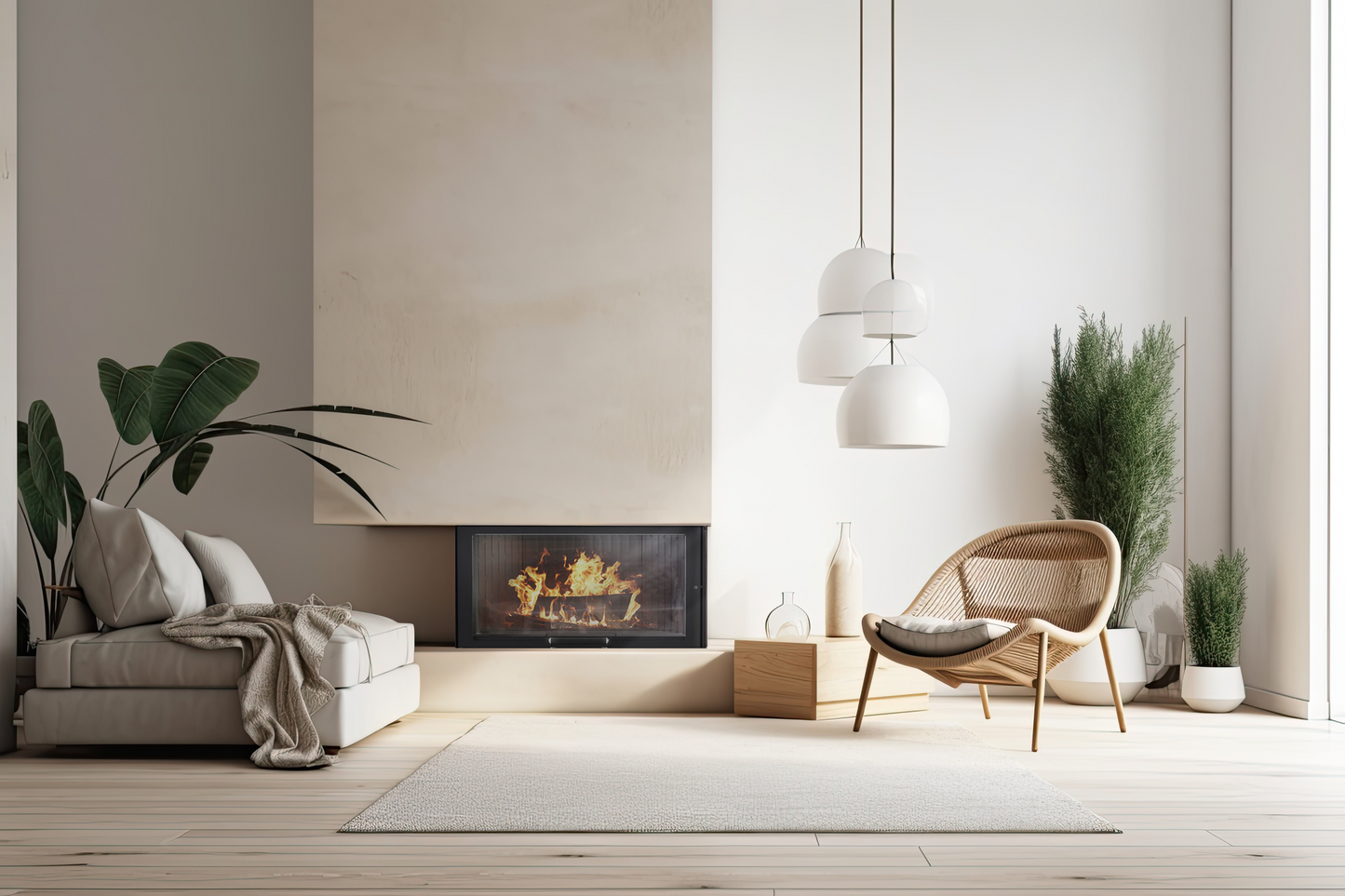 camino moderno a legna con cappa sospesa e arredo minimal white