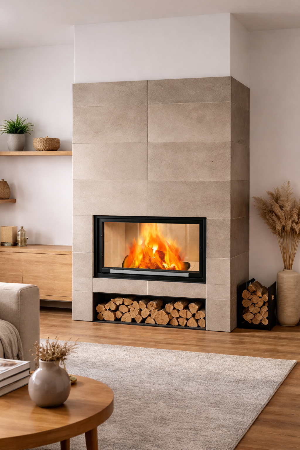 camino a legna incassato con rivestimento minimal