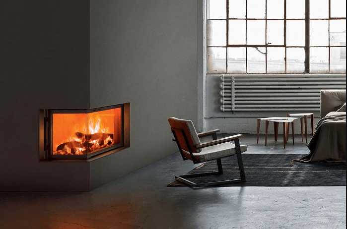 camino angolare moderno stile industriale toni scuri