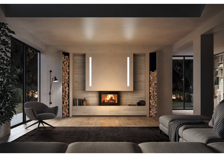 camino moderno con legna a muro