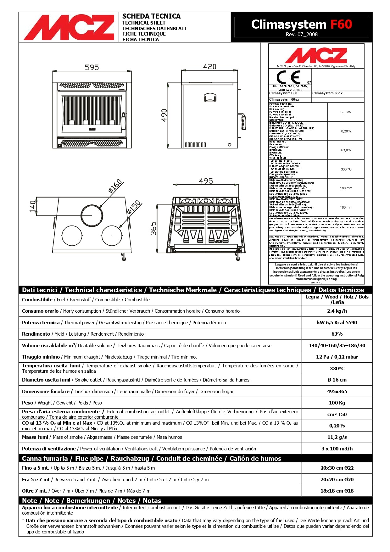 dati tecnici e misure inserti climasystem f60 mcz