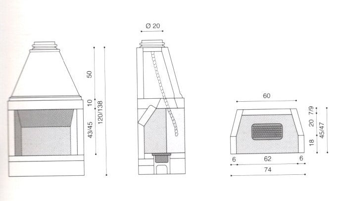 dimensioni camino bocca 60 