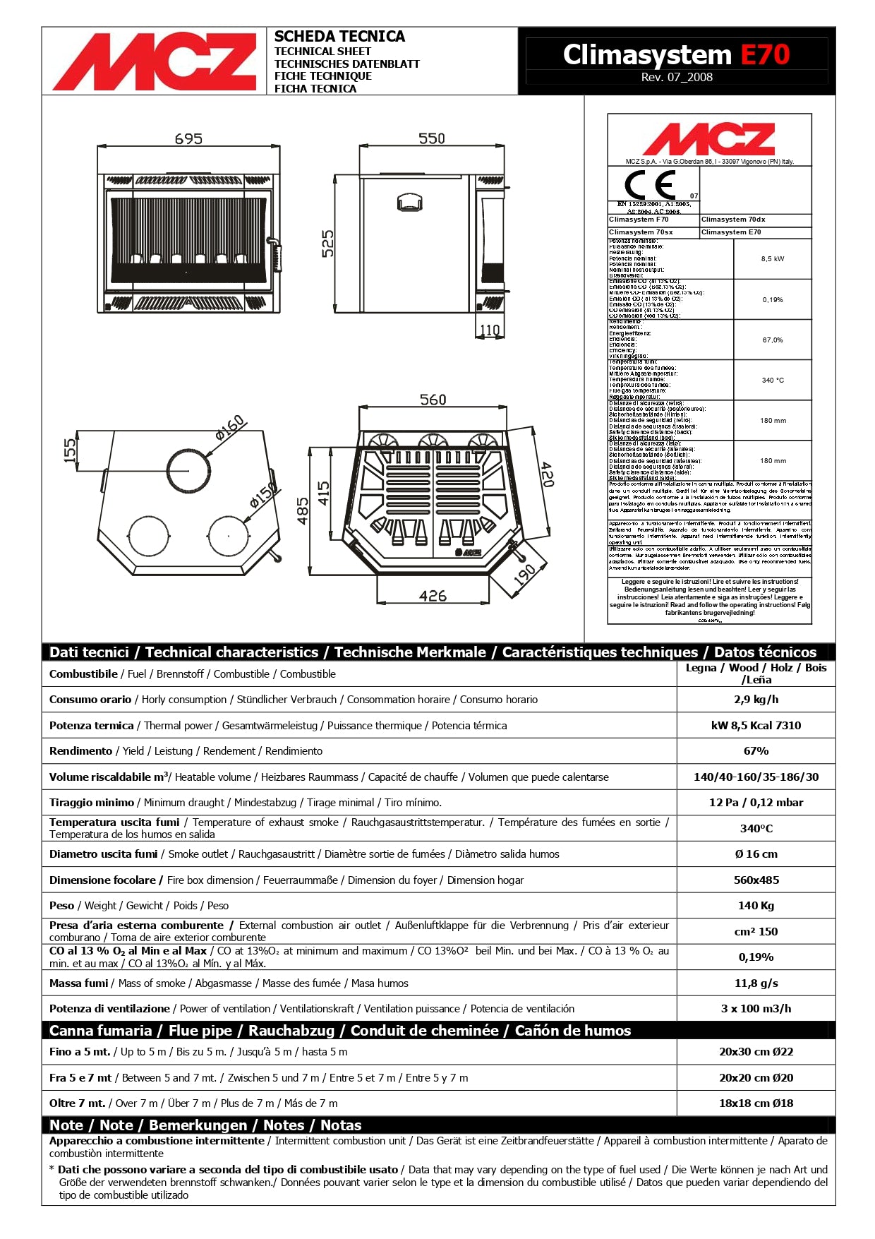 dati e misure inserto mcz climasystem e70