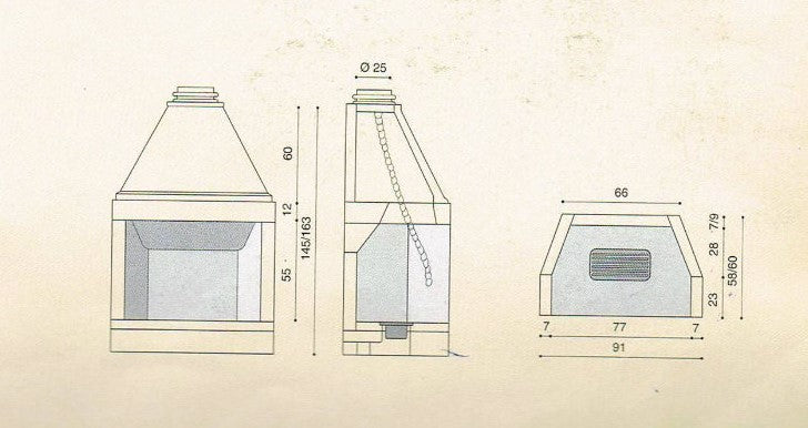 dimensioni camino focolare bocca da 75