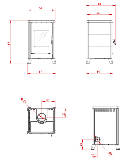 Dimensioni stufa a legna Palazzetti Dorotea Ghisa - L 57 x P 54 x H 87 cm