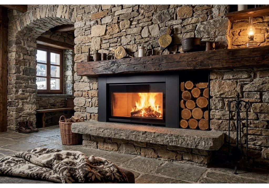 camino palazzetti ecomnonoblocco wt 78 ambientato in casa di montagna con parete in pietra