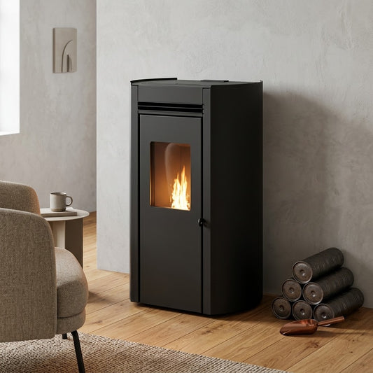 stufa a pellet in acciaio nero moderna e minimal