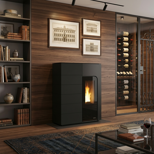 idro stufa slim ginger idro nera in ambiente lussuoso con parete in legno