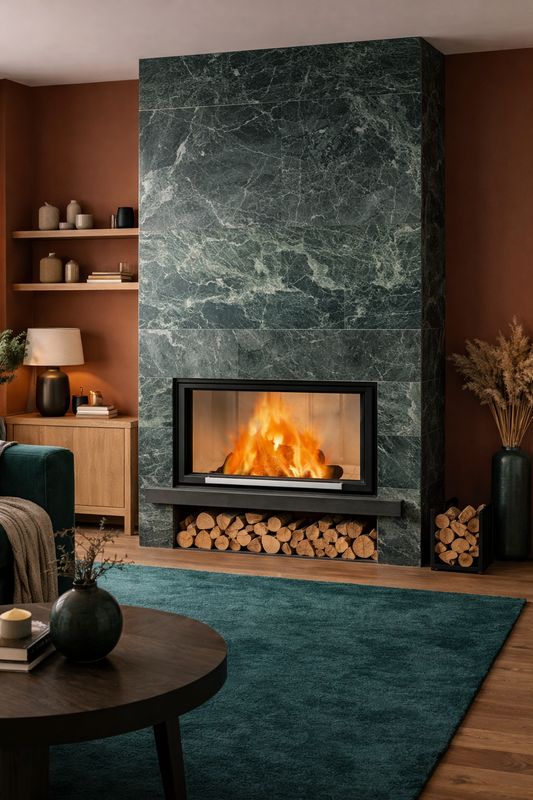 camino moderno in pietra black con vano legna