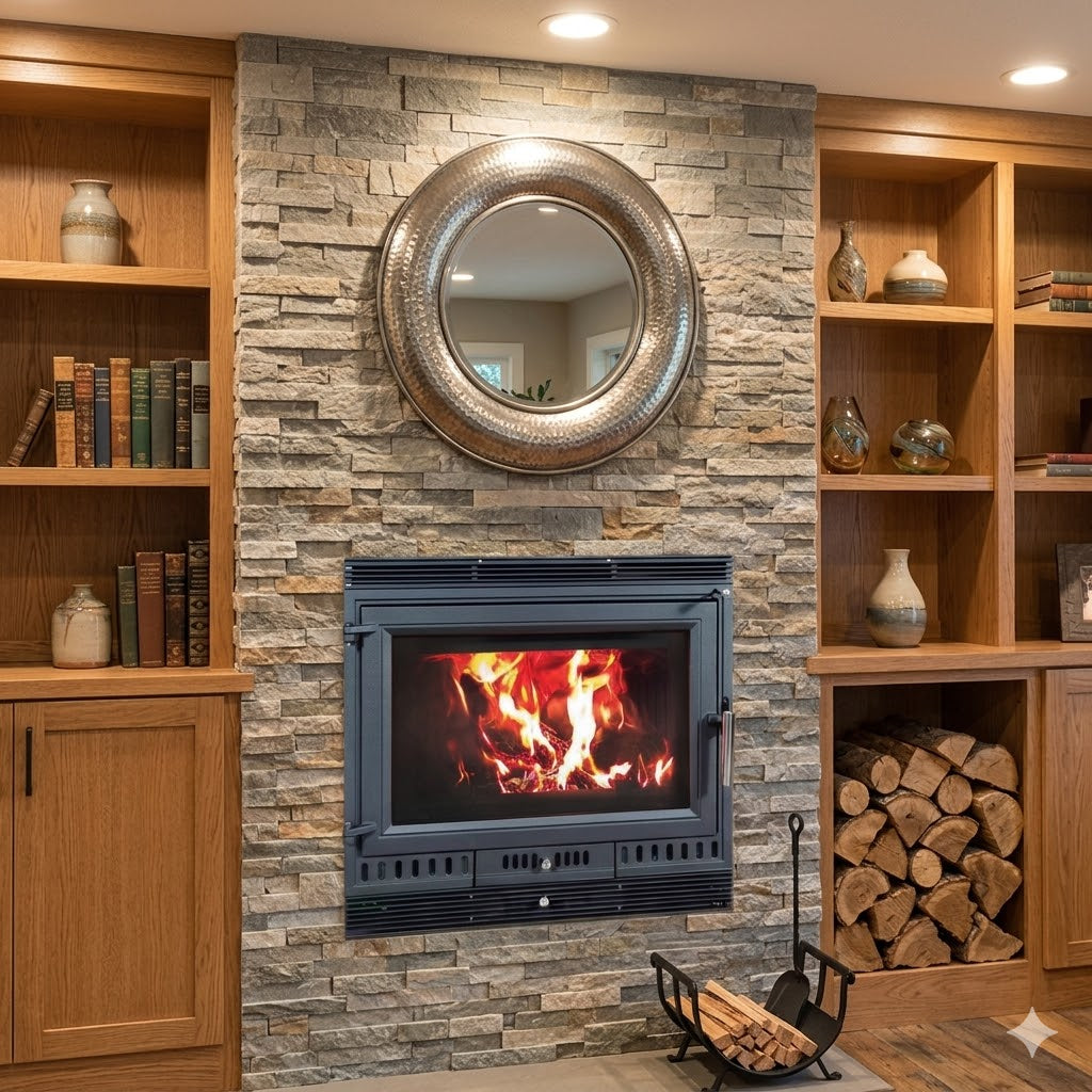 inserto con vetro ampio con rivestimento in pietra