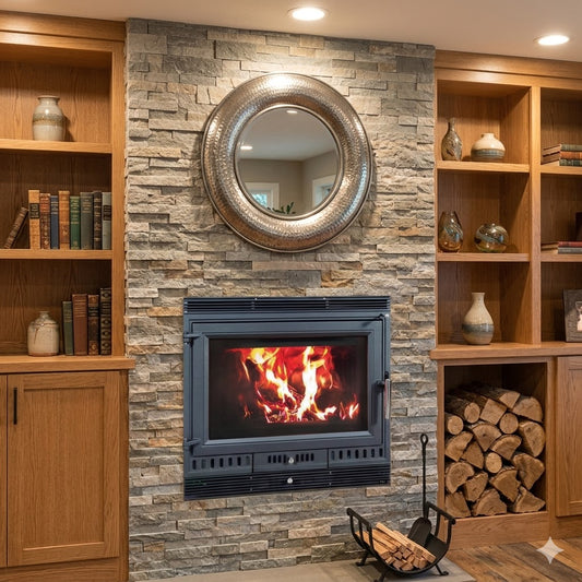 inserto con vetro ampio con rivestimento in pietra