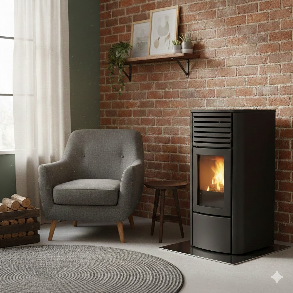 idro stufa moderna con poltrona vintage 