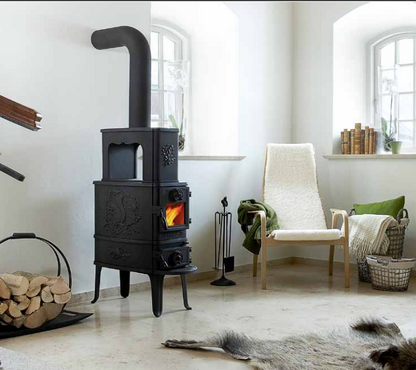 stufa in ghisa in ambiente moderno total white