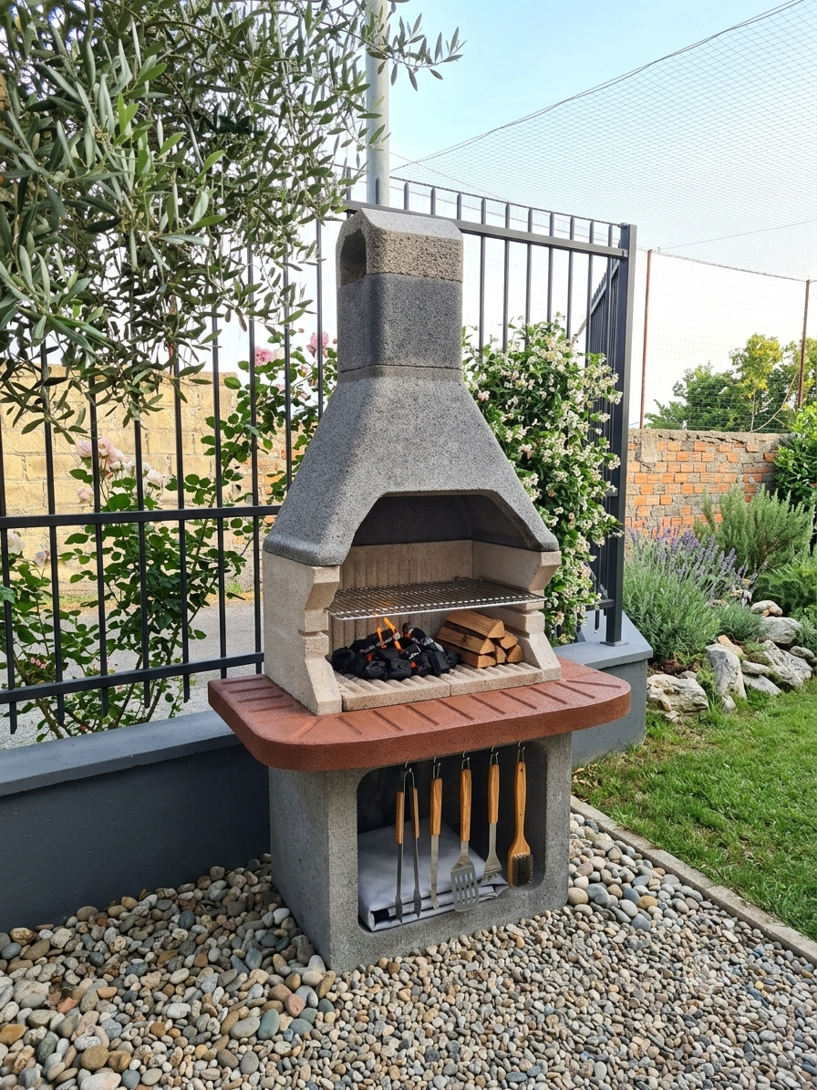 barbecue a legna e carbone per giardino estivo 