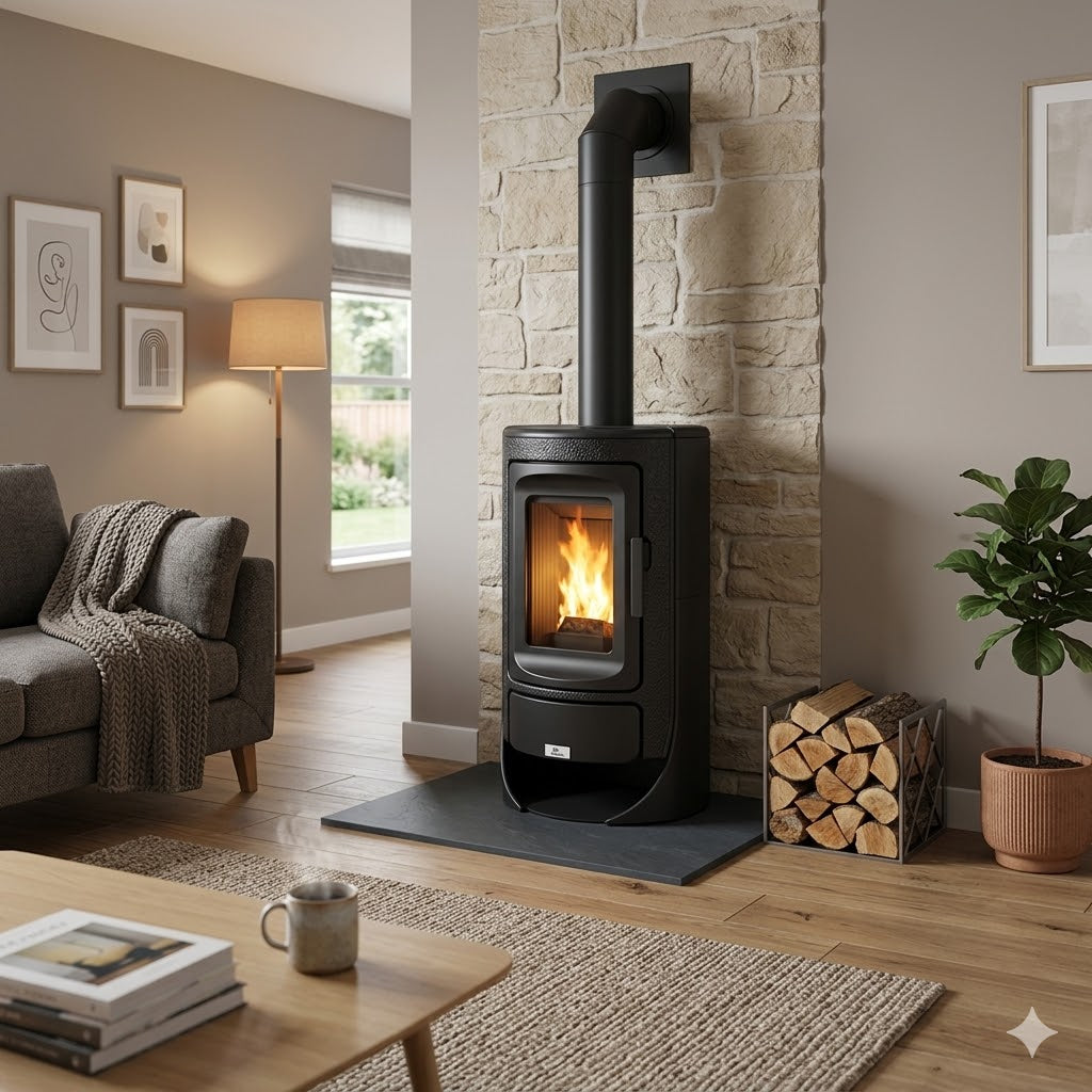 Stufa a legna modello Royce, dal design pulito ed elegante, grazie alla sua forma arrotondata e le linee morbide si presta perfettamente ad ogni tipo di ambiente 