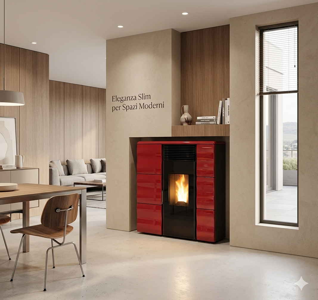 stufa a pellet olga evo, dal design moderno e compatto, con il suo rivestimento in ceramica rossa dona all'ambiente uno stile inconfondibile 