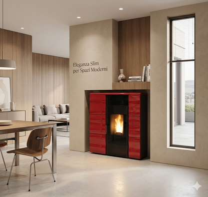 stufa a pellet olga evo, dal design moderno e compatto, con il suo rivestimento in ceramica rossa dona all'ambiente uno stile inconfondibile 