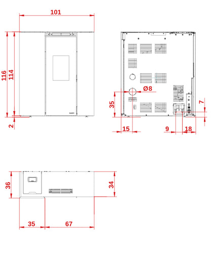 Dimensioni Palazzetti Tiffany Idro TC 21 kW - L 101 x P 36 x H 116 cm