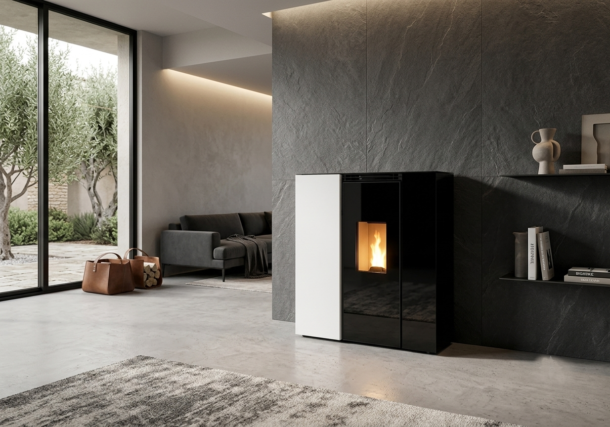 Palazzetti Tiffany Idro TC 21 kW bianca - stufa a pellet idro ambientata in salotto